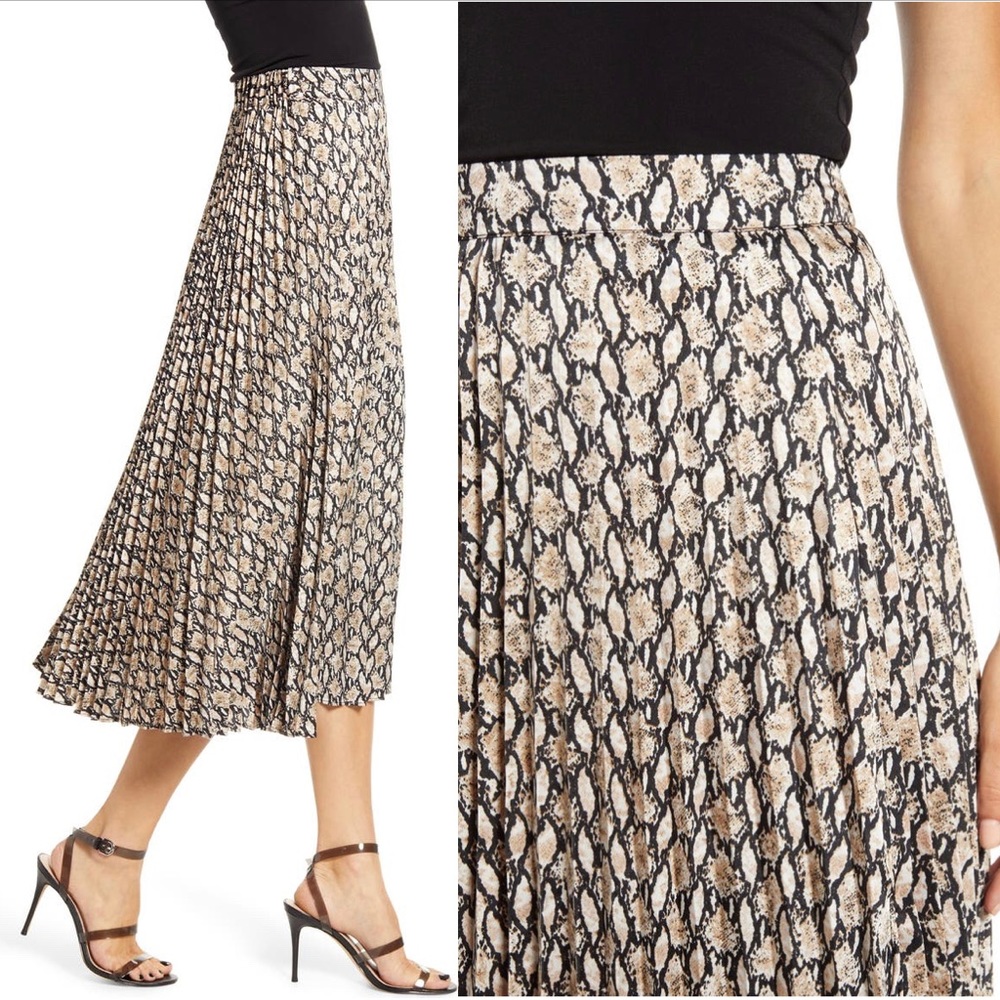 All in Favor Beige and Black Snake Print Pleated Midi Skirt